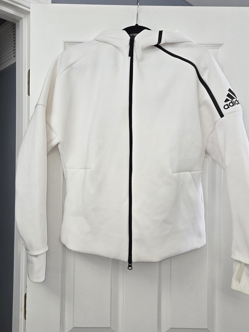 Adidas ZNE White Full Zip Track Jacket Hoodie Thumbholes Sportswear Size Large
